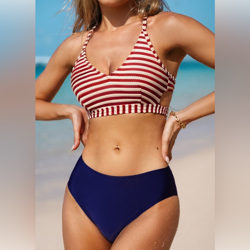 Striped Red and Blue Bikini Set